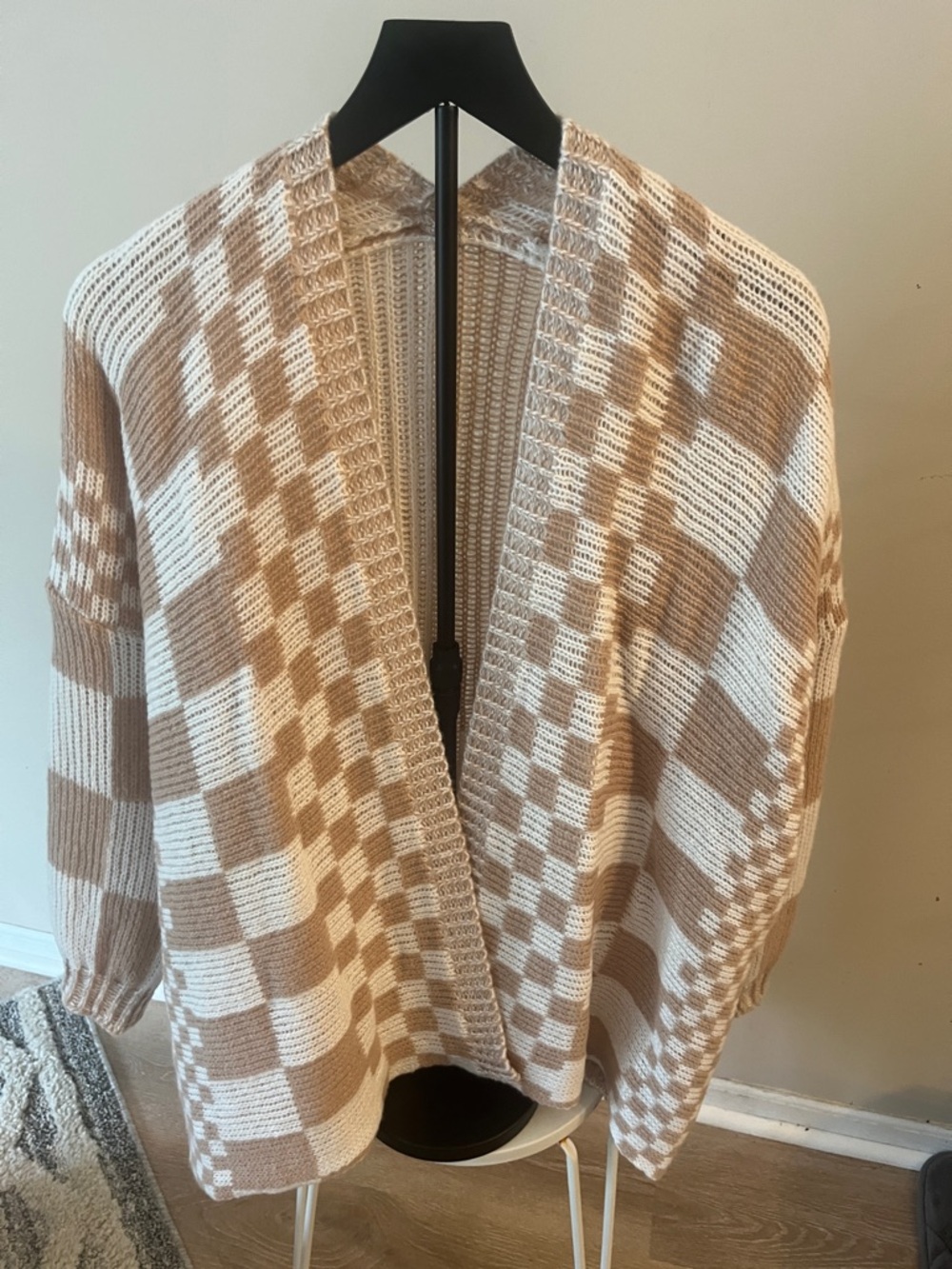 Beige and White Check Open-Front Women’s Cardigan Sweater
